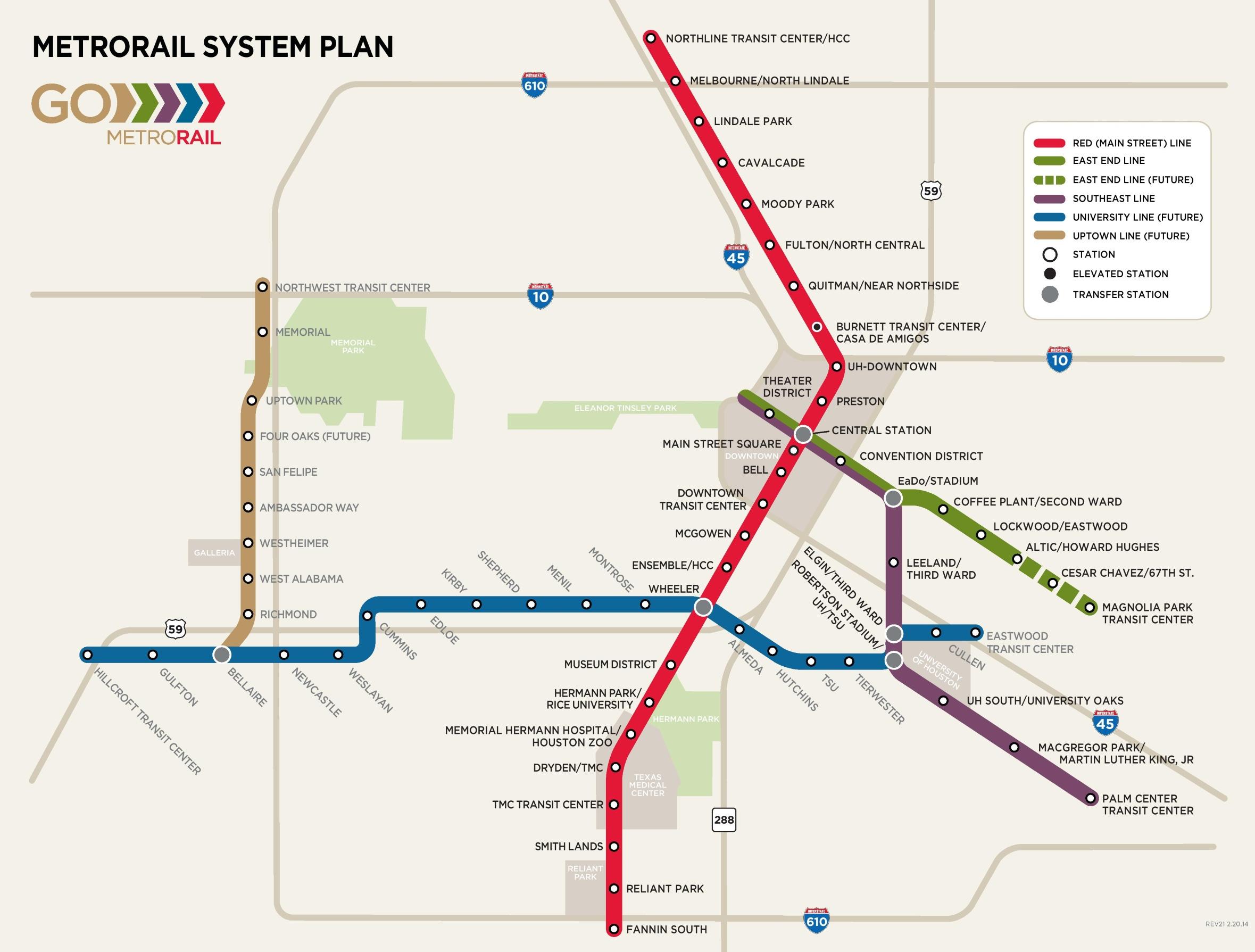 Map of Houston metro: metro lines and metro stations of Houston